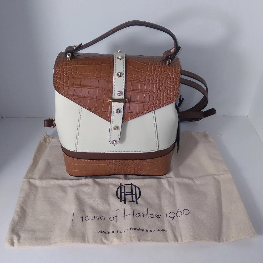 House of Harlow 1960 Brown & Cream Genuine Leather Rhinestone Stud Backpack